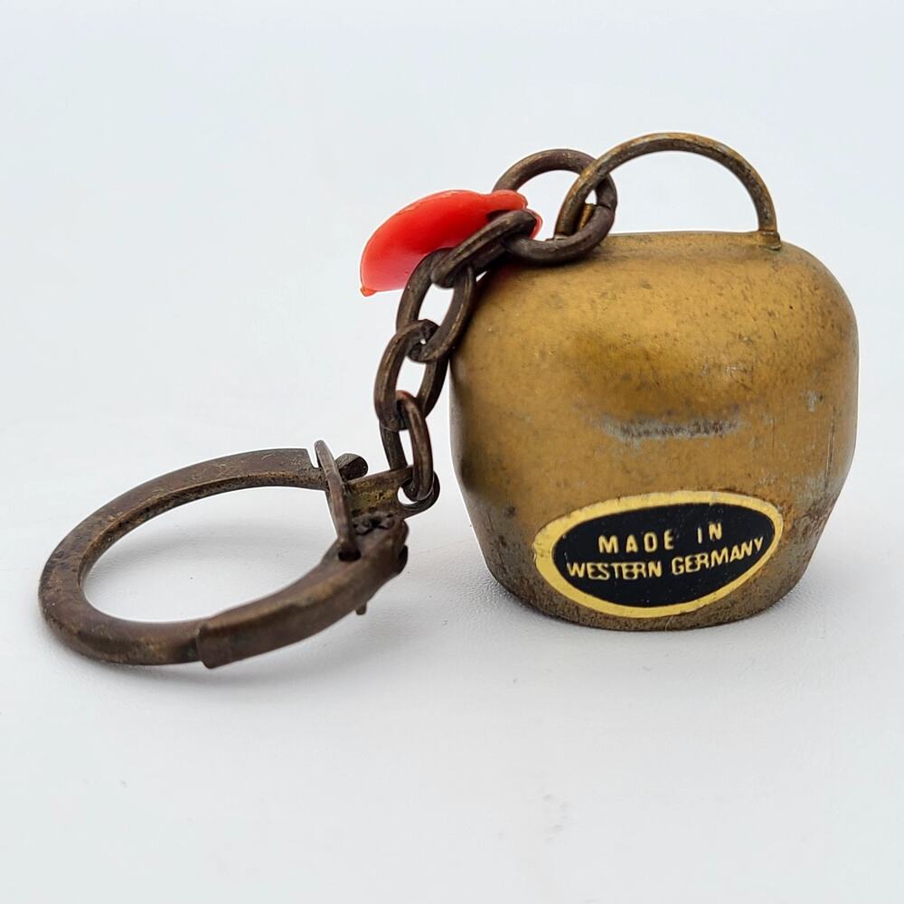 Vintage Hand Painted Brass Miniature Cow Bell Keychain, West Germany, Doe Fawn - Picture 4 of 6